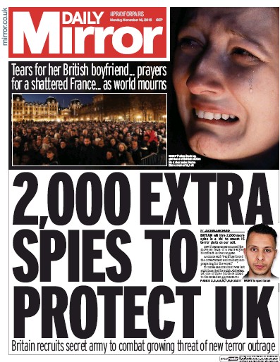 Daily Mirror Newspaper Front Page (UK) for 16 November 2015