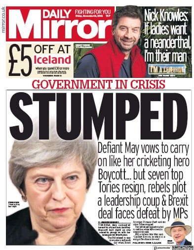 Daily Mirror Newspaper Front Page (UK) for 16 November 2018