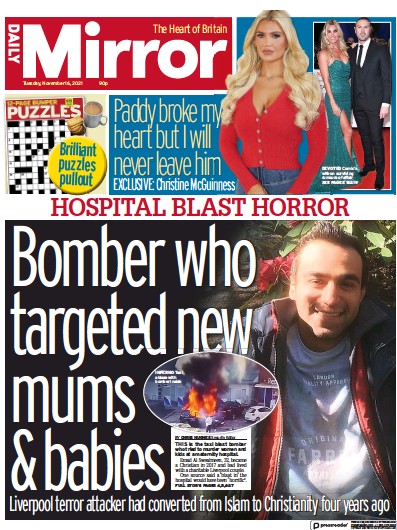 Daily Mirror Newspaper Front Page (UK) for 16 November 2021