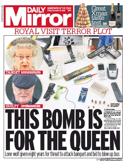 Daily Mirror Newspaper Front Page (UK) for 16 December 2016