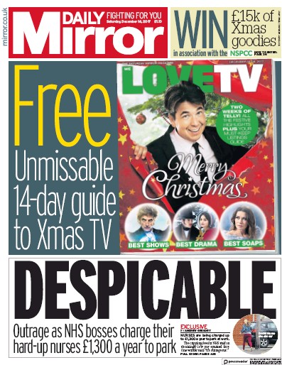 Daily Mirror Newspaper Front Page (UK) for 16 December 2017