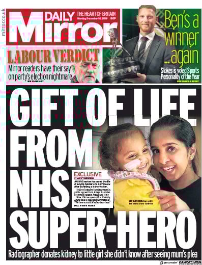 Daily Mirror Newspaper Front Page (UK) for 16 December 2019