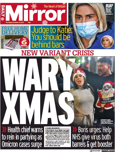 Daily Mirror Newspaper Front Page (UK) for 16 December 2021