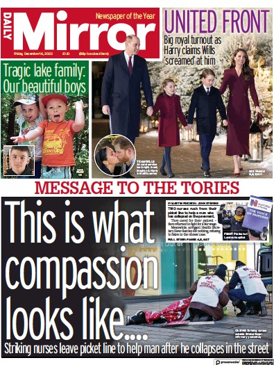 Daily Mirror Newspaper Front Page (UK) for 16 December 2022