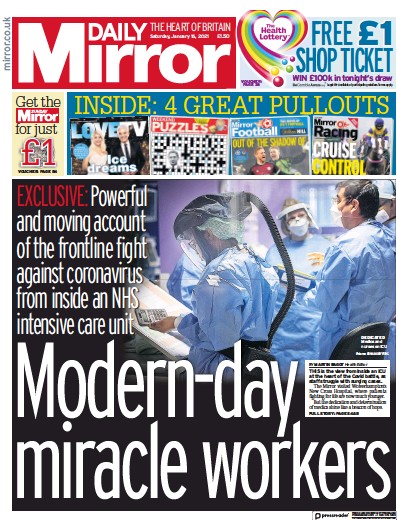 Daily Mirror Newspaper Front Page (UK) for 16 January 2021