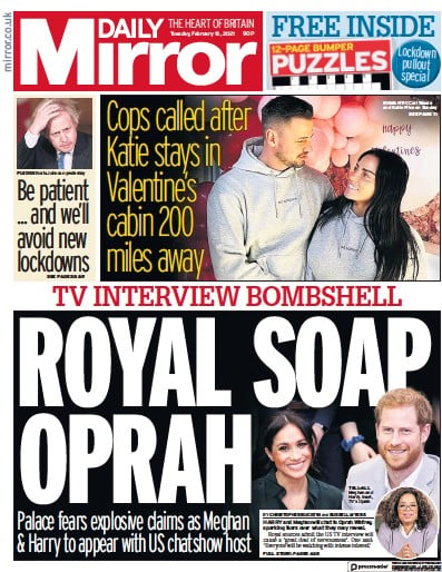 Daily Mirror Newspaper Front Page (UK) for 16 February 2021