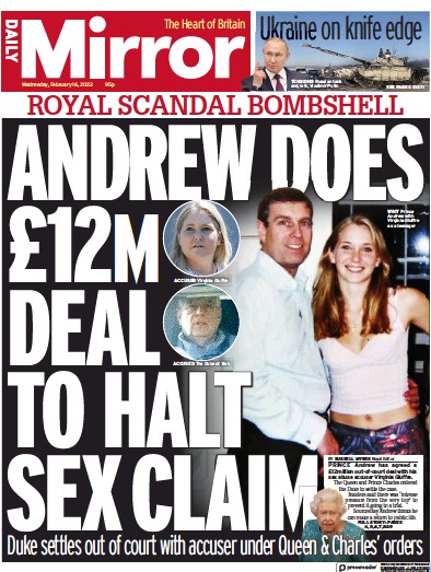 Daily Mirror Newspaper Front Page (UK) for 16 February 2022