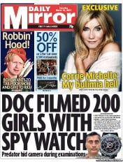 Daily Mirror (UK) Newspaper Front Page for 16 March 2013