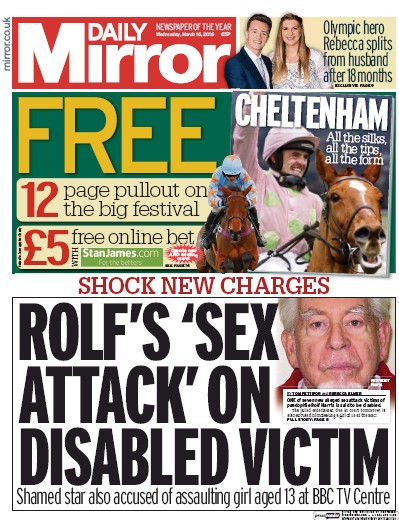 Daily Mirror Newspaper Front Page (UK) for 16 March 2016