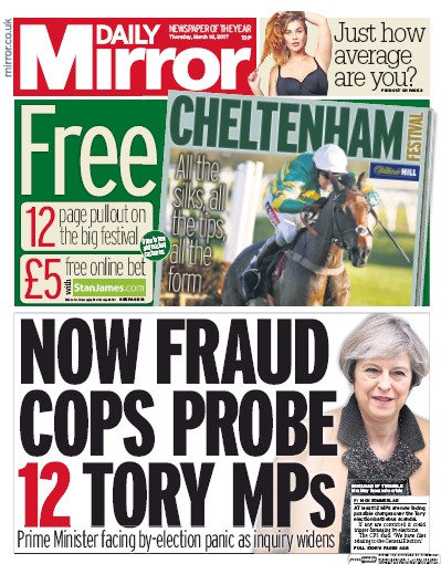 Daily Mirror Newspaper Front Page (UK) for 16 March 2017