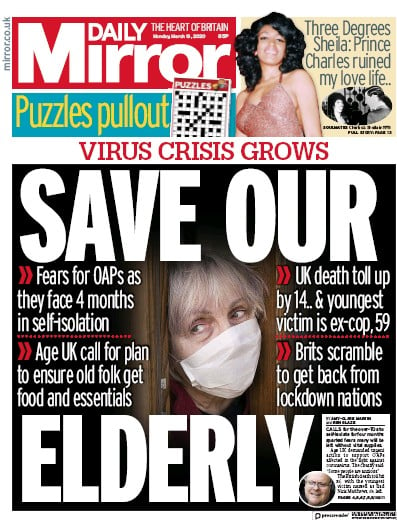 Daily Mirror Newspaper Front Page (UK) for 16 March 2020