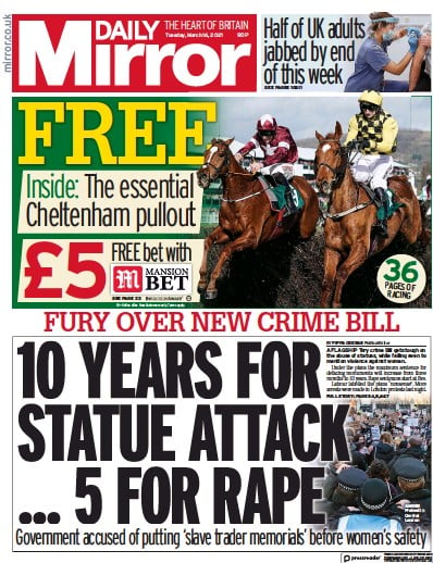 Daily Mirror Newspaper Front Page (UK) for 16 March 2021