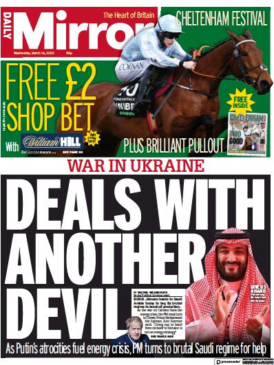 Daily Mirror Newspaper Front Page (UK) for 16 March 2022