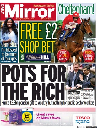 Daily Mirror Newspaper Front Page (UK) for 16 March 2023