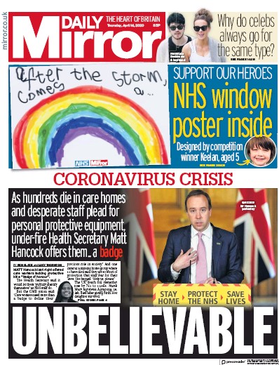 Daily Mirror Newspaper Front Page (UK) for 16 April 2020