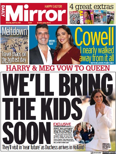 Daily Mirror Newspaper Front Page (UK) for 16 April 2022