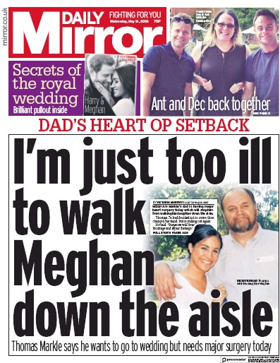 Daily Mirror Newspaper Front Page (UK) for 16 May 2018