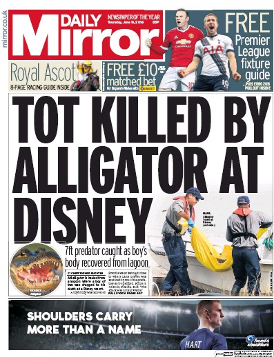 Daily Mirror Newspaper Front Page (UK) for 16 June 2016