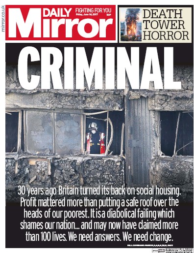Daily Mirror Newspaper Front Page (UK) for 16 June 2017