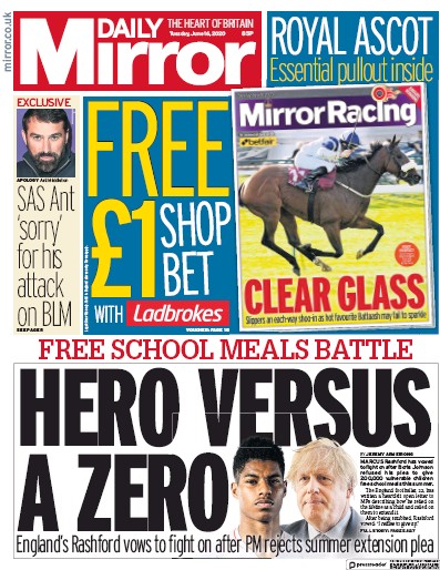 Daily Mirror Newspaper Front Page (UK) for 16 June 2020