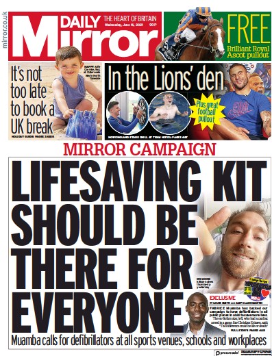 Daily Mirror Newspaper Front Page (UK) for 16 June 2021
