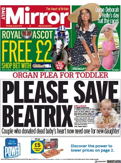 Daily Mirror Newspaper Front Page (UK) for 16 June 2022