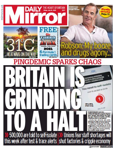 Daily Mirror Newspaper Front Page (UK) for 16 July 2021