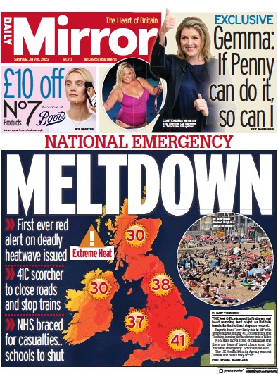 Daily Mirror Newspaper Front Page (UK) for 16 July 2022