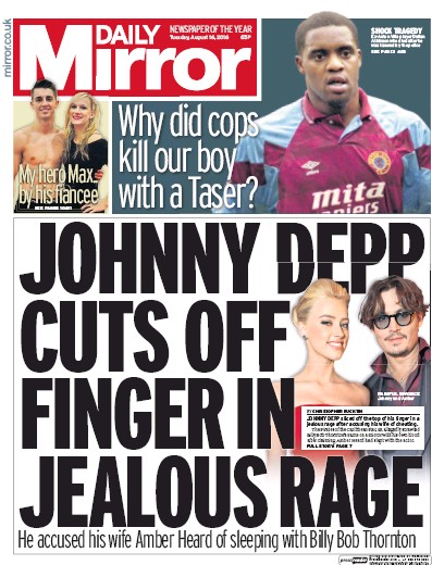 Daily Mirror Newspaper Front Page (UK) for 16 August 2016