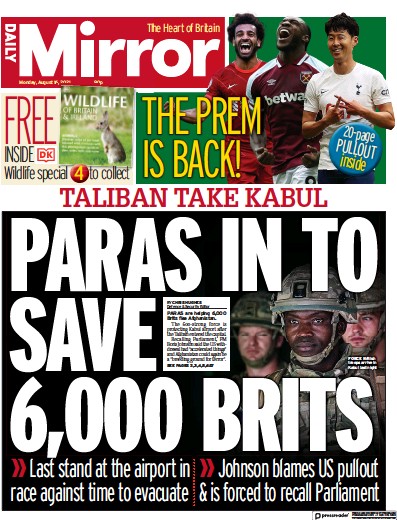Daily Mirror Newspaper Front Page (UK) for 16 August 2021