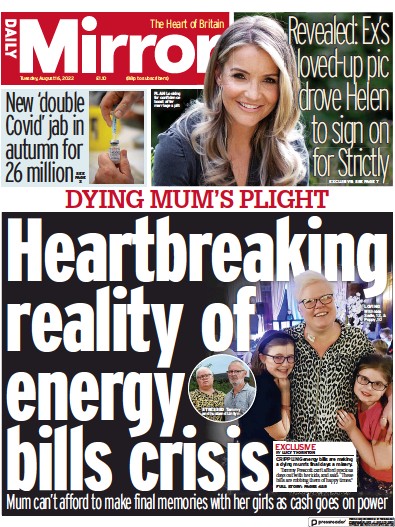 Daily Mirror Newspaper Front Page (UK) for 16 August 2022