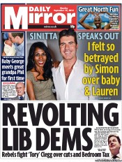Daily Mirror Newspaper Front Page (UK) for 16 September 2013