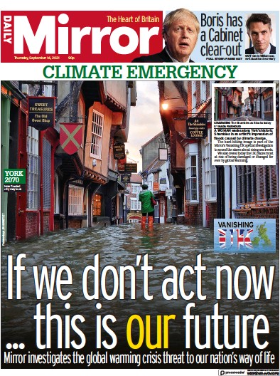 Daily Mirror Newspaper Front Page (UK) for 16 September 2021