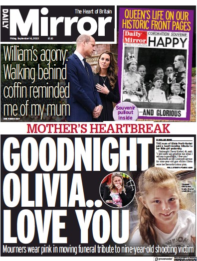 Daily Mirror Newspaper Front Page (UK) for 16 September 2022