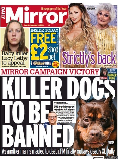 Daily Mirror Newspaper Front Page (UK) for 16 September 2023