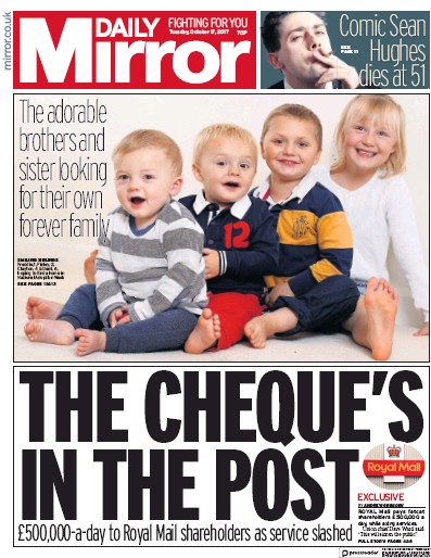 Daily Mirror Newspaper Front Page (UK) for 17 October 2017