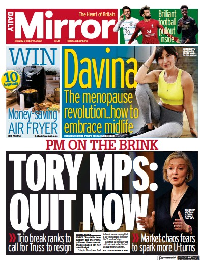 Daily Mirror Newspaper Front Page (UK) for 17 October 2022