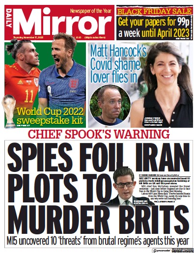 Daily Mirror Newspaper Front Page (UK) for 17 November 2022