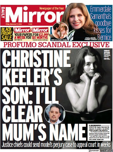 Daily Mirror Newspaper Front Page (UK) for 17 November 2023