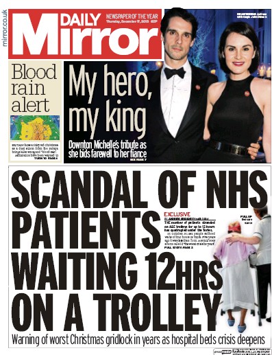 Daily Mirror Newspaper Front Page (UK) for 17 December 2015