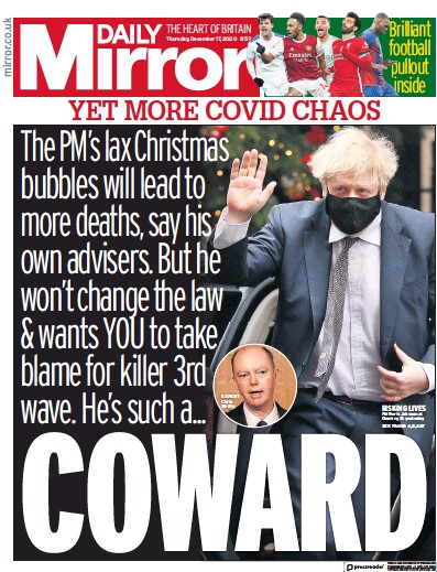 Daily Mirror Newspaper Front Page (UK) for 17 December 2020