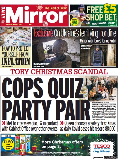 Daily Mirror Newspaper Front Page (UK) for 17 December 2021