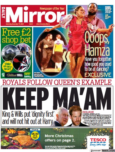 Daily Mirror Newspaper Front Page (UK) for 17 December 2022
