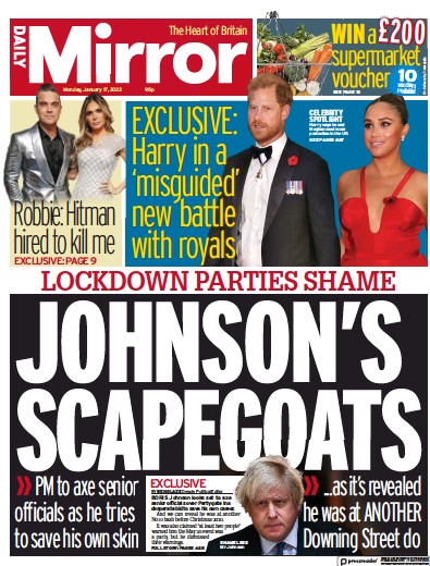 Daily Mirror Newspaper Front Page (UK) for 17 January 2022