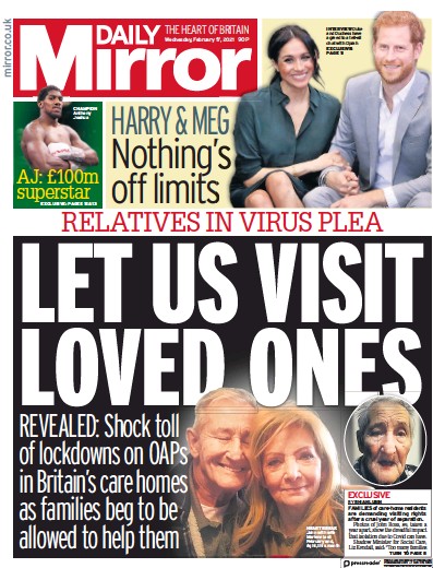 Daily Mirror Newspaper Front Page (UK) for 17 February 2021