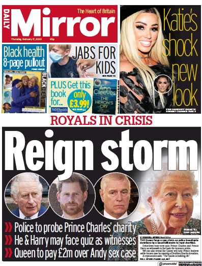 Daily Mirror Newspaper Front Page (UK) for 17 February 2022