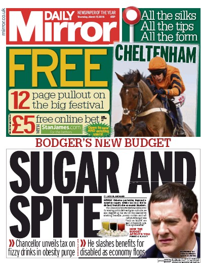 Daily Mirror Newspaper Front Page (UK) for 17 March 2016