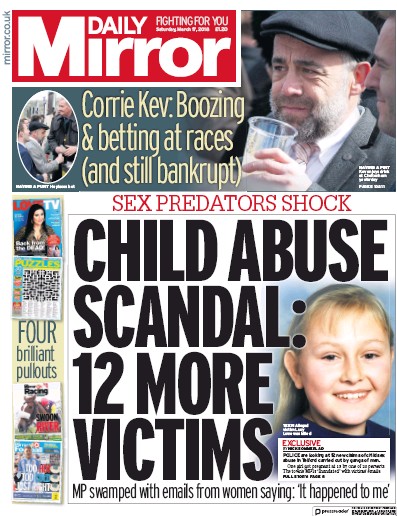 Daily Mirror Newspaper Front Page (UK) for 17 March 2018