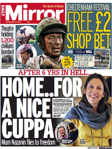Daily Mirror Newspaper Front Page (UK) for 17 March 2022