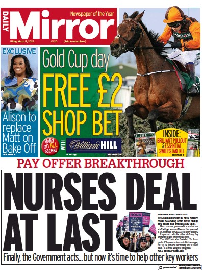 Daily Mirror Newspaper Front Page (UK) for 17 March 2023